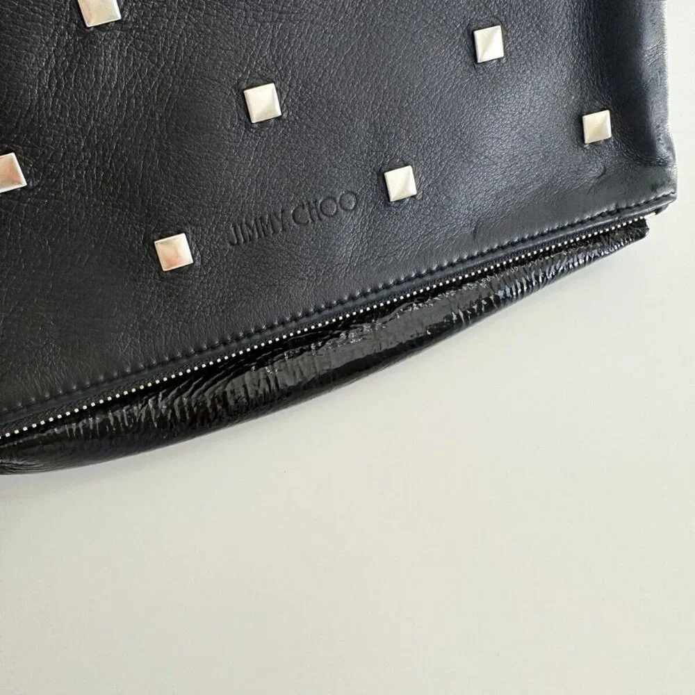 JIMMY CHOO Clutch Bag Black Leather Designer Studded Evening Handbag